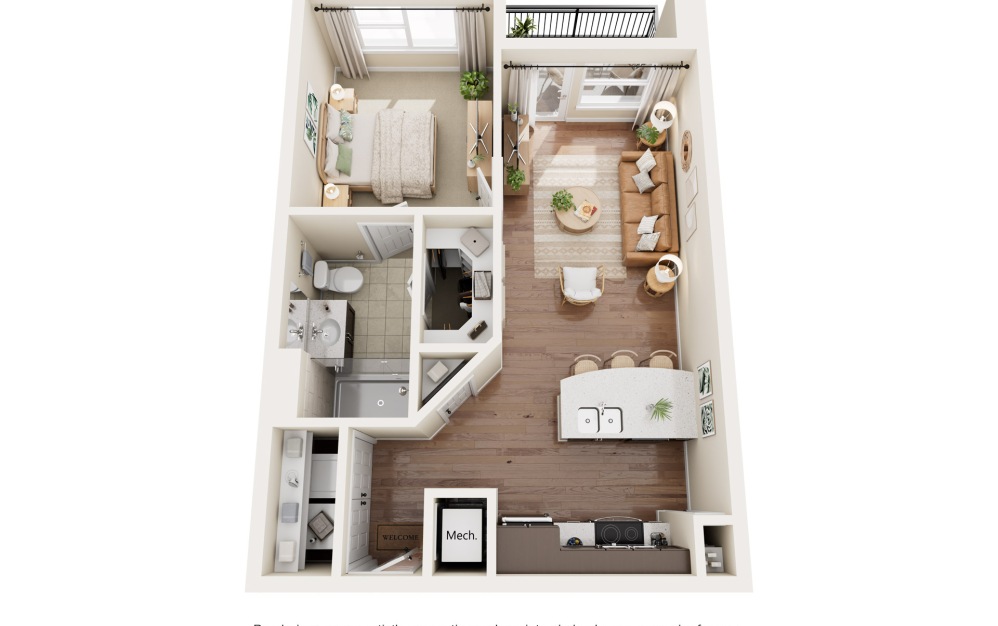 Ava - 1 bedroom floorplan layout with 1 bathroom and 597 - 687 square feet