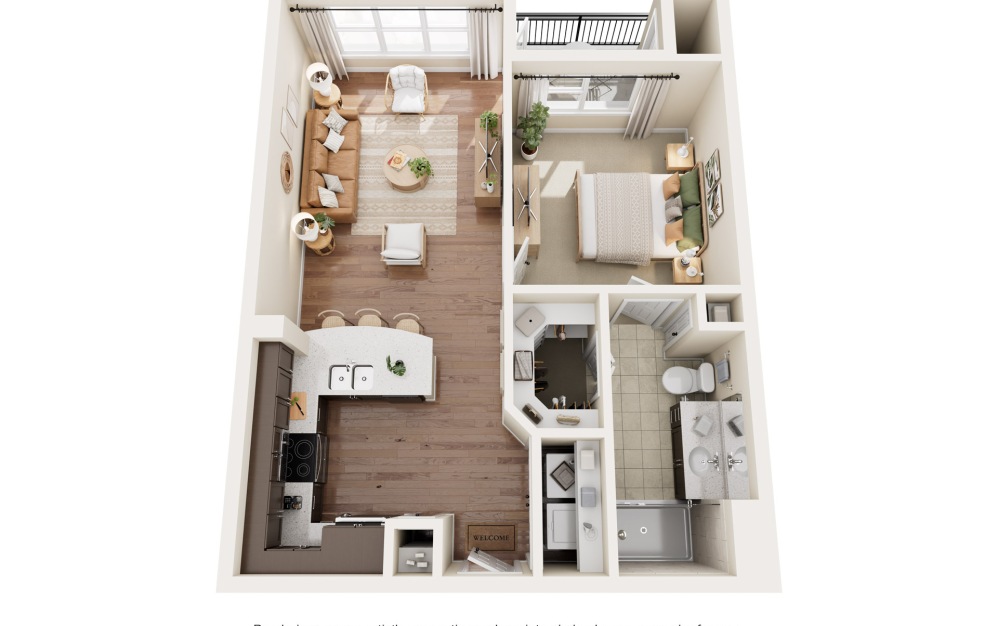 Bella - 1 bedroom floorplan layout with 1 bathroom and 661 square feet