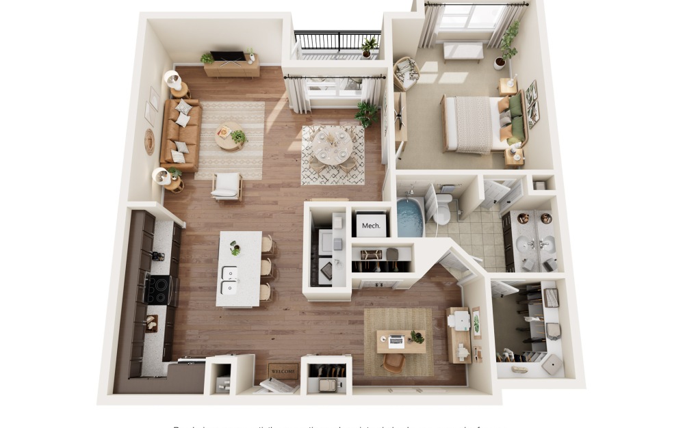 Fae - 1 bedroom floorplan layout with 1 bathroom and 967 - 981 square feet