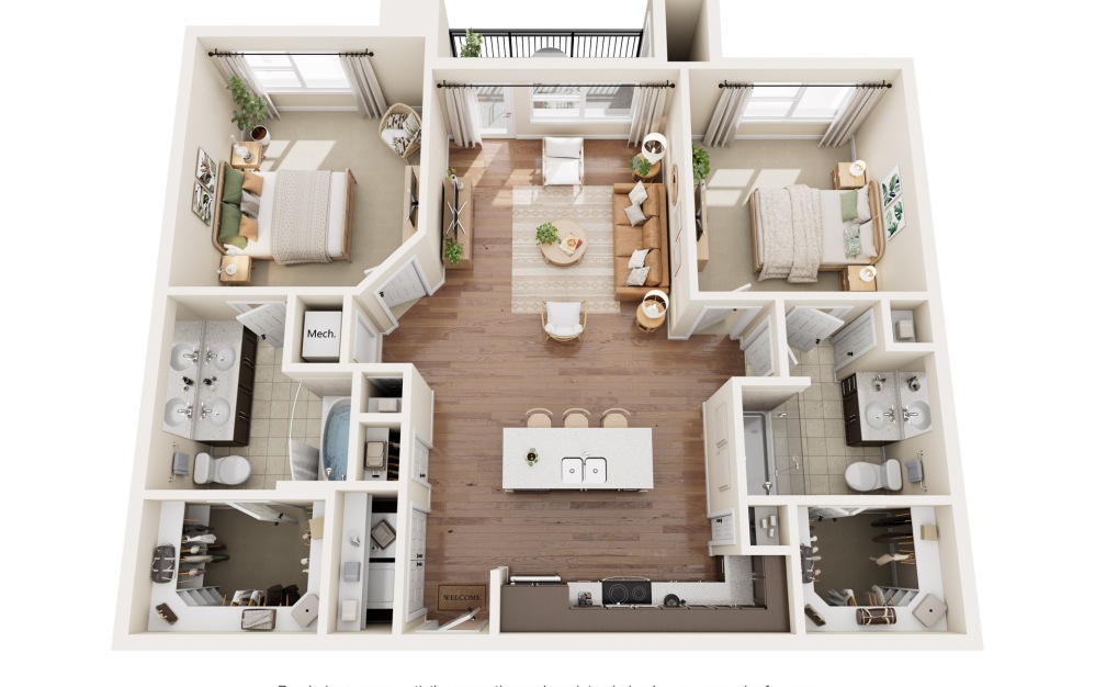 Gia - 2 bedroom floorplan layout with 2 bathrooms and 1072 - 1264 square feet