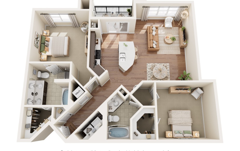 Hope - 2 bedroom floorplan layout with 2 bathrooms and 1182 - 1187 square feet
