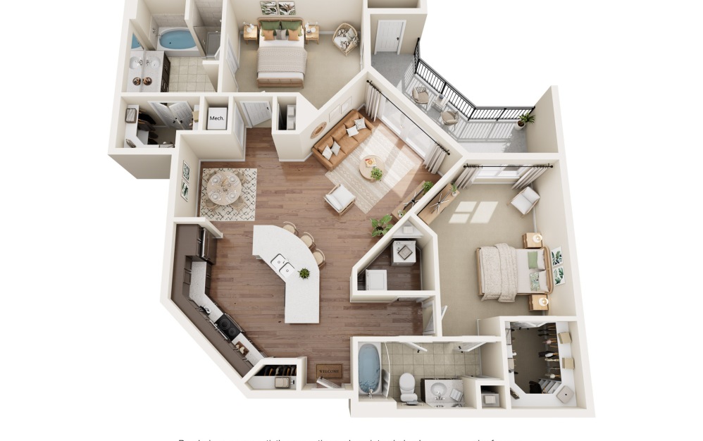 Ivy - 2 bedroom floorplan layout with 2 bathrooms and 1262 square feet