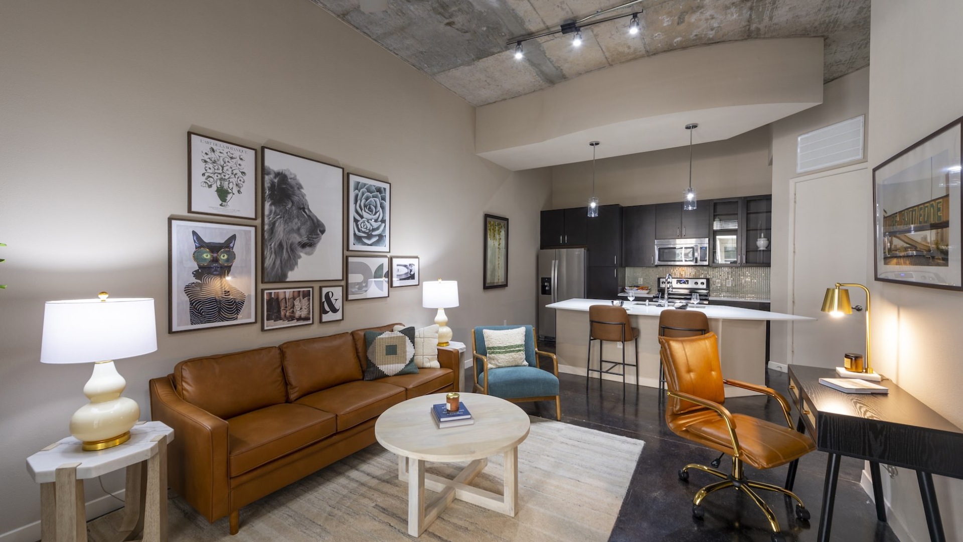 living room with couch coffee table and art on the wall